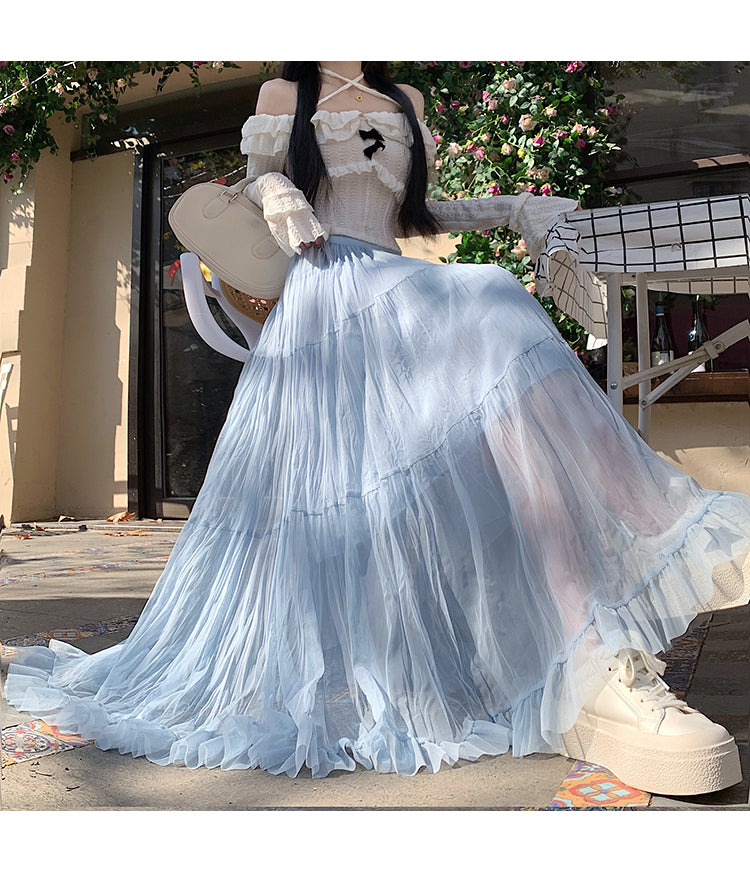 📺︎︎ CGS8606-36H 拼接蛋糕裙春季寬鬆垂感褶皺紗裙(5色)