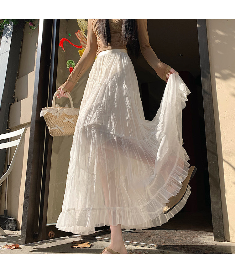 📺︎︎ CGS8606-36H 拼接蛋糕裙春季寬鬆垂感褶皺紗裙(5色)