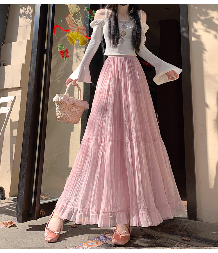 📺︎︎ CGS8606-36H 拼接蛋糕裙春季寬鬆垂感褶皺紗裙(5色)