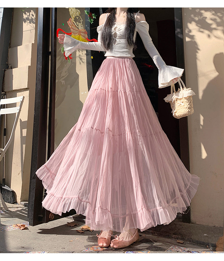 📺︎︎ CGS8606-36H 拼接蛋糕裙春季寬鬆垂感褶皺紗裙(5色)