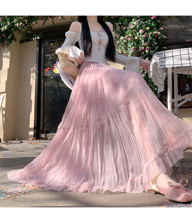 📺︎︎ CGS8606-36H 拼接蛋糕裙春季寬鬆垂感褶皺紗裙(5色)