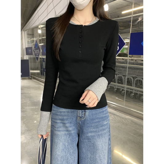 CGD17160-64B 秋冬假兩件撞色圓領正肩羊絨內搭長袖T恤(2色)