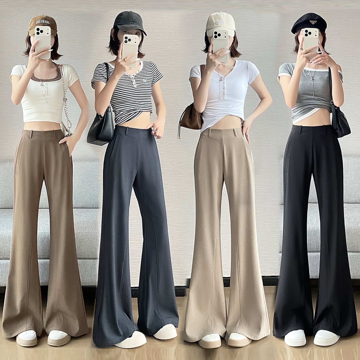 CGA6953-14B 春夏季西裝褲窄版闊腿褲高腰微喇叭直筒休閒拖地褲(4色.常規.加長款)