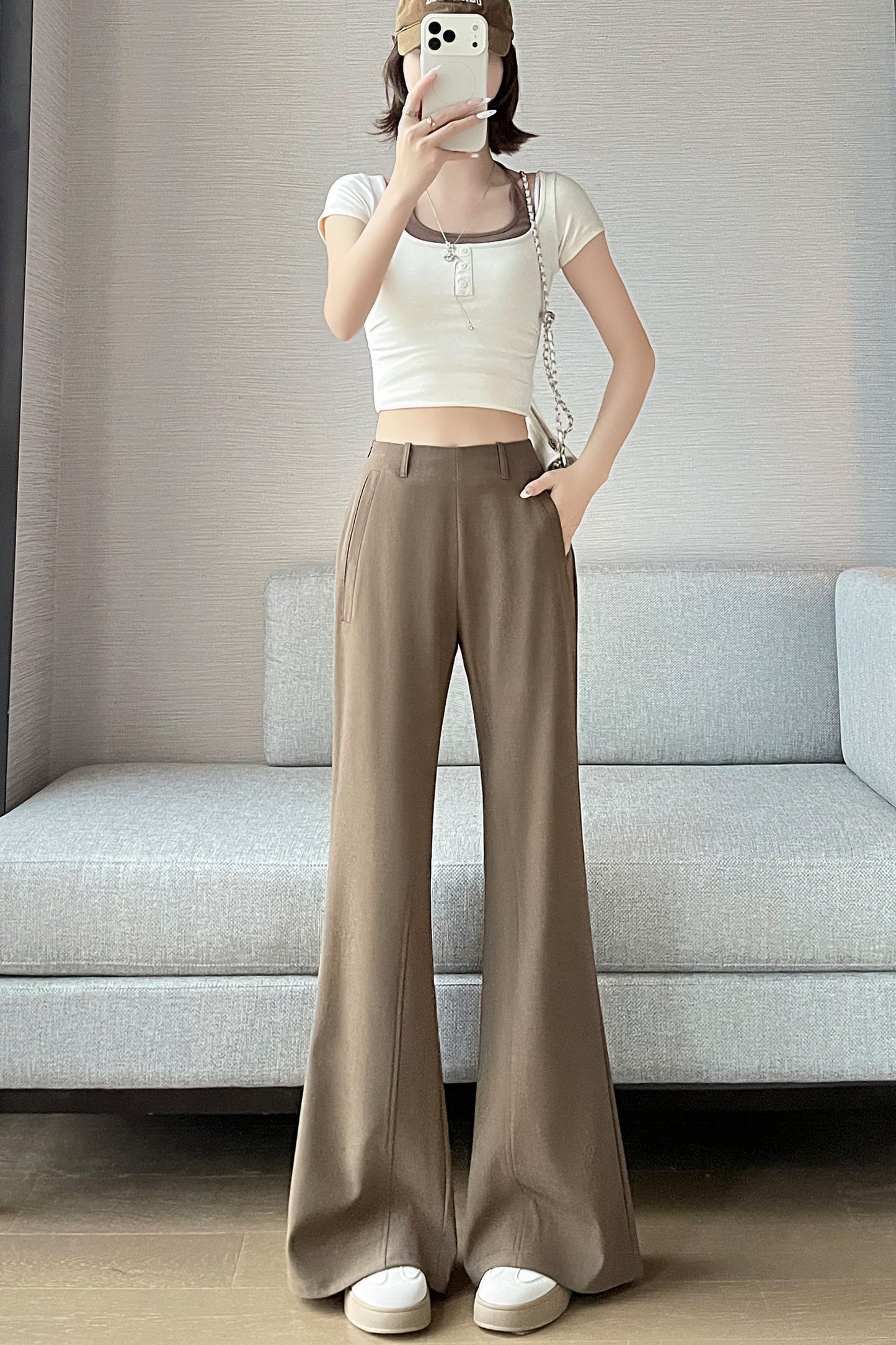 CGA6953-14B 春夏季西裝褲窄版闊腿褲高腰微喇叭直筒休閒拖地褲(4色.常規.加長款)