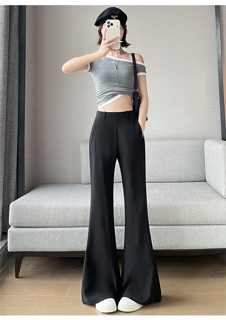 CGA6953-14B 春夏季西裝褲窄版闊腿褲高腰微喇叭直筒休閒拖地褲(4色.常規.加長款)