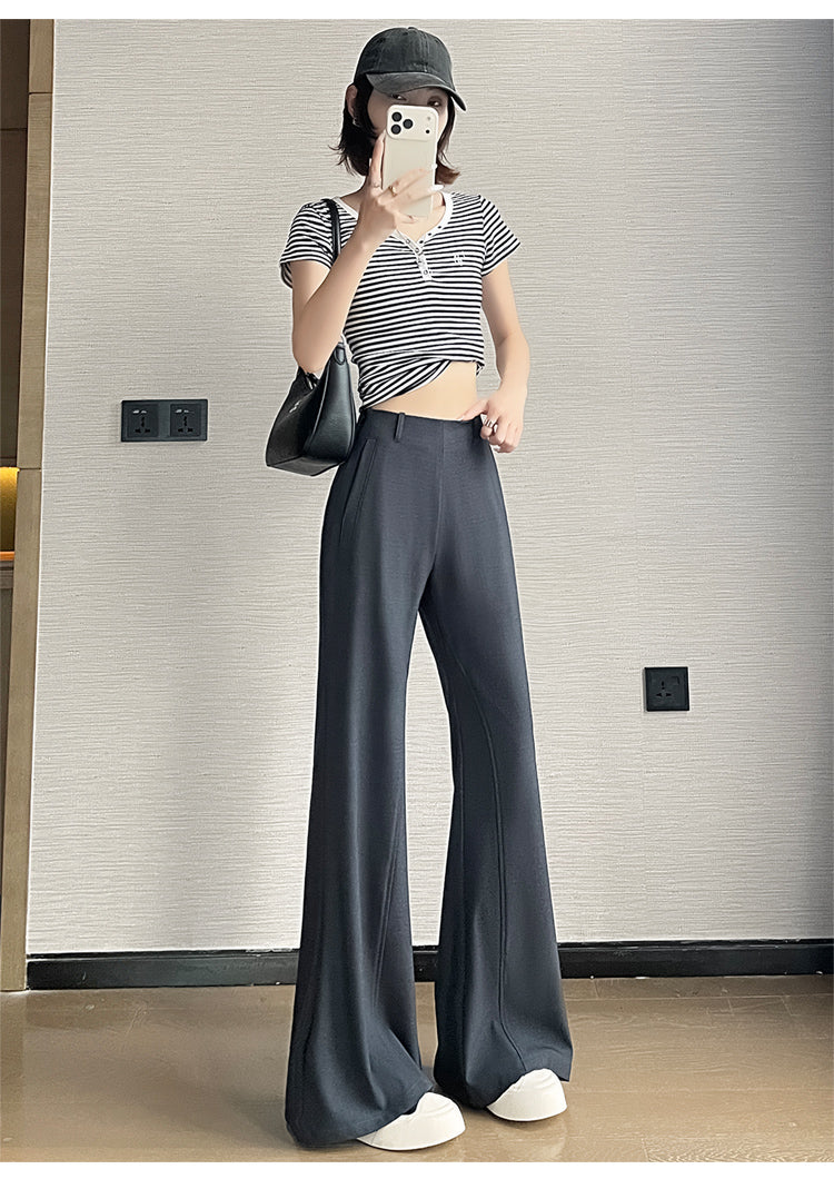 CGA6953-14B 春夏季西裝褲窄版闊腿褲高腰微喇叭直筒休閒拖地褲(4色.常規.加長款)