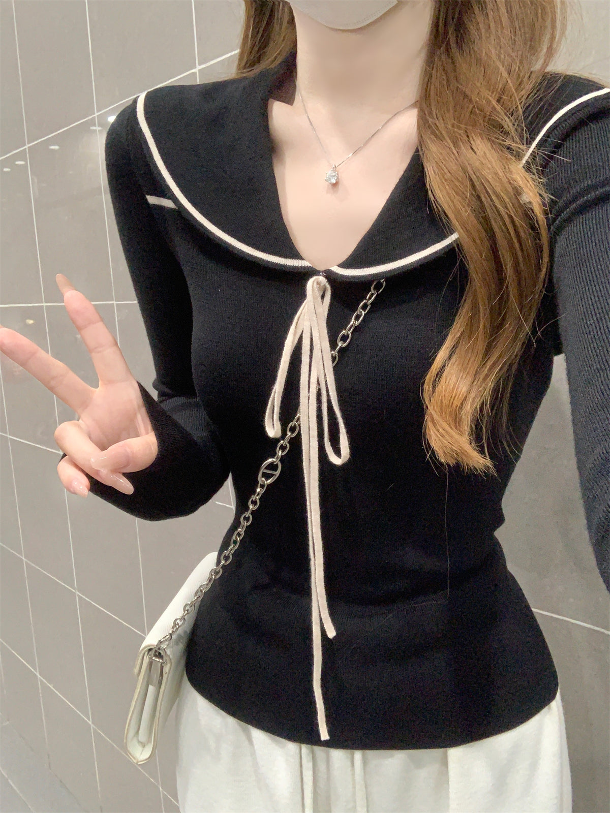 CGD28323-64B 秋冬海軍領修身綁帶針織衫(2色)