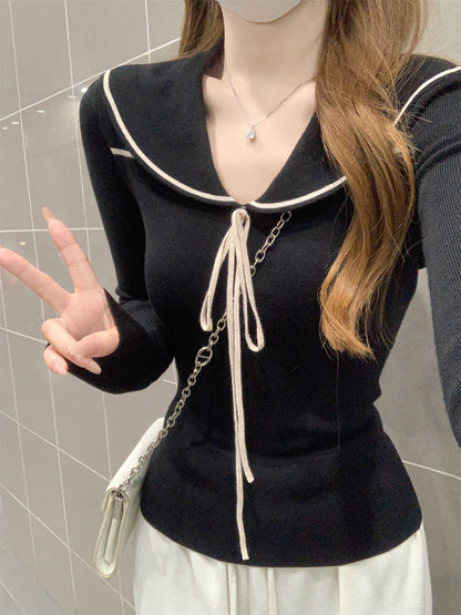 CGD28323-64B 秋冬海軍領修身綁帶針織衫(2色)