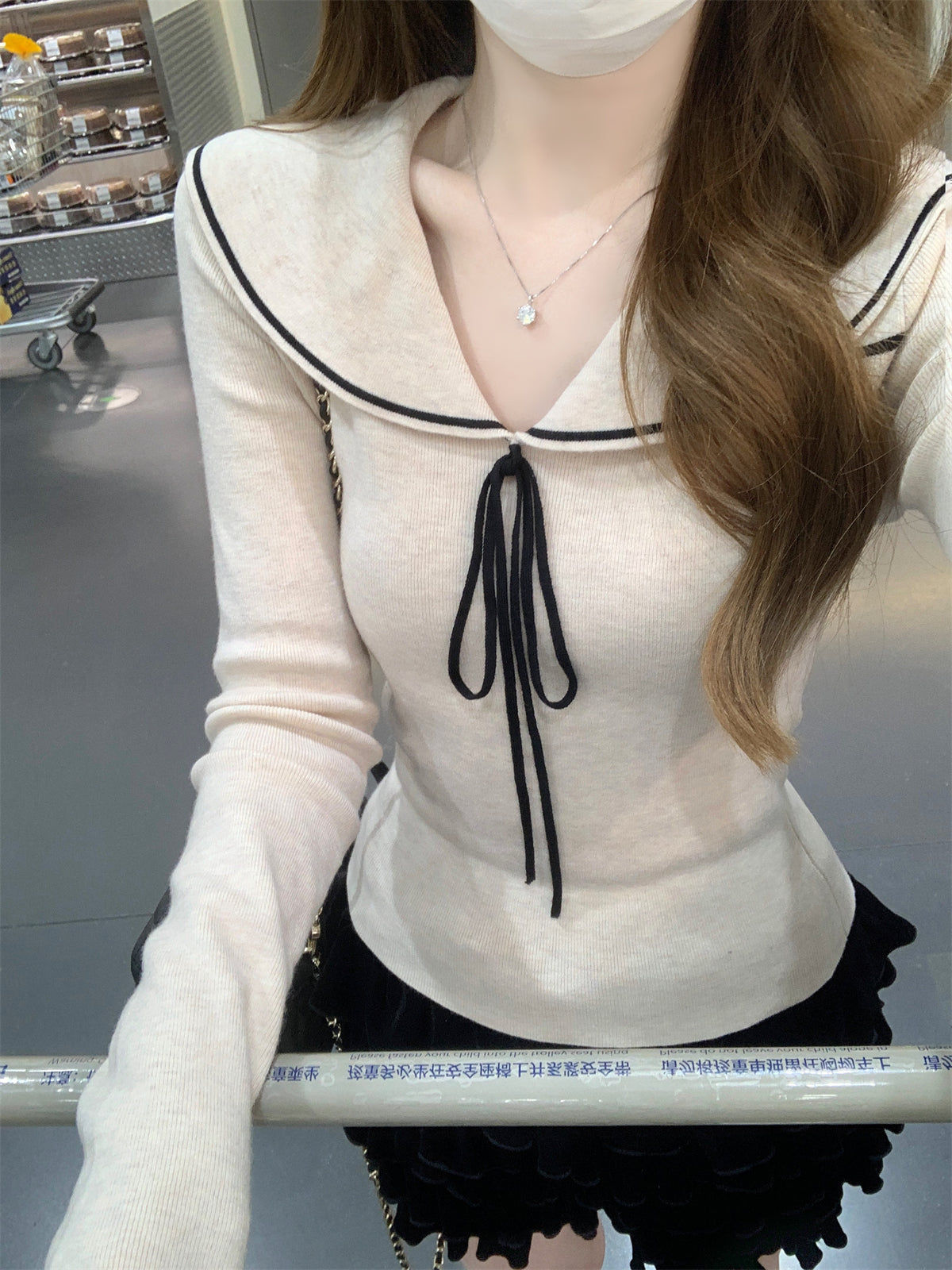 CGD28323-64B 秋冬海軍領修身綁帶針織衫(2色)