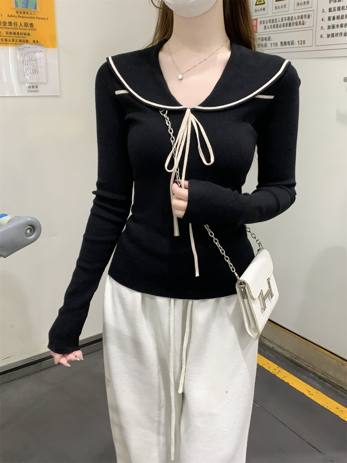 CGD28323-64B 秋冬海軍領修身綁帶針織衫(2色)