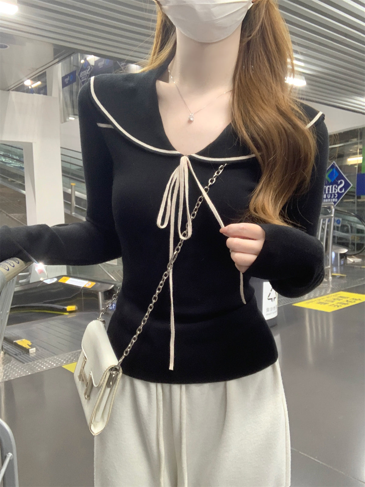 CGD28323-64B 秋冬海軍領修身綁帶針織衫(2色)