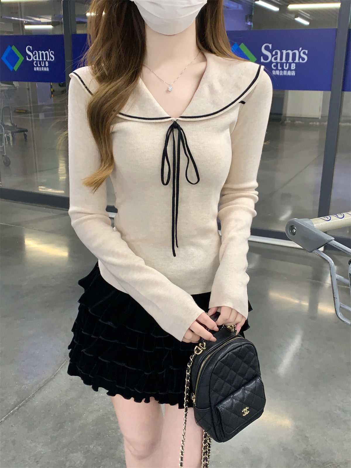 CGD28323-64B 秋冬海軍領修身綁帶針織衫(2色)