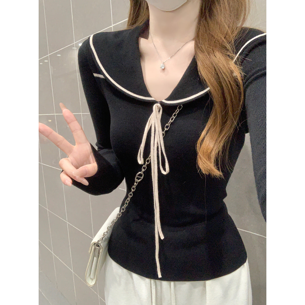 CGD28323-64B 秋冬海軍領修身綁帶針織衫(2色)