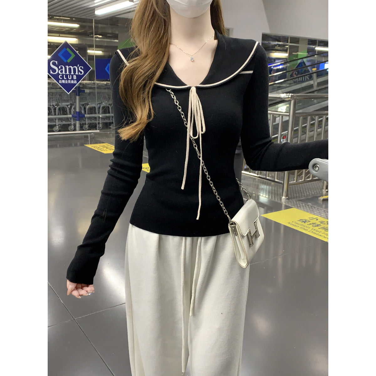 CGD28323-64B 秋冬海軍領修身綁帶針織衫(2色)