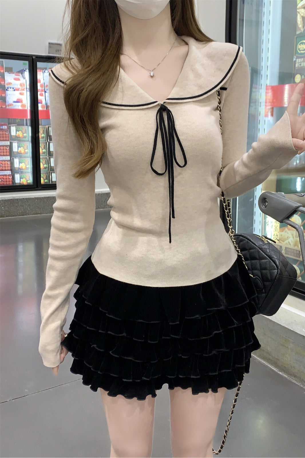 CGD28323-64B 秋冬海軍領修身綁帶針織衫(2色)