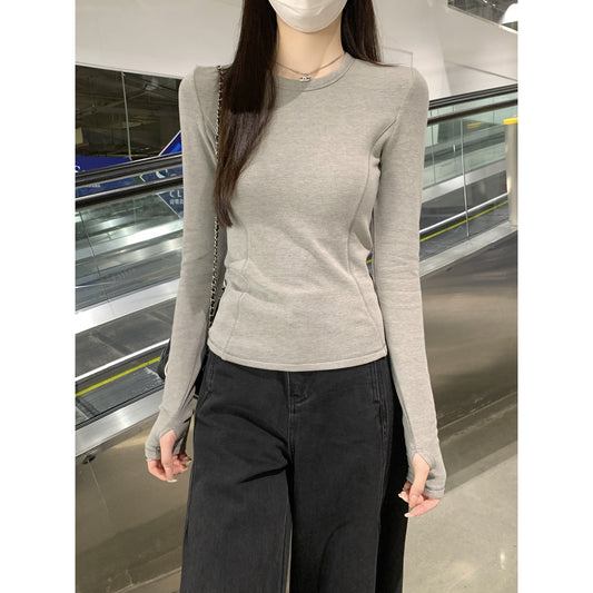 CGD17195-64B 秋冬魚骨收腰圓領正肩羊絨磨毛內搭長袖T恤(3色)