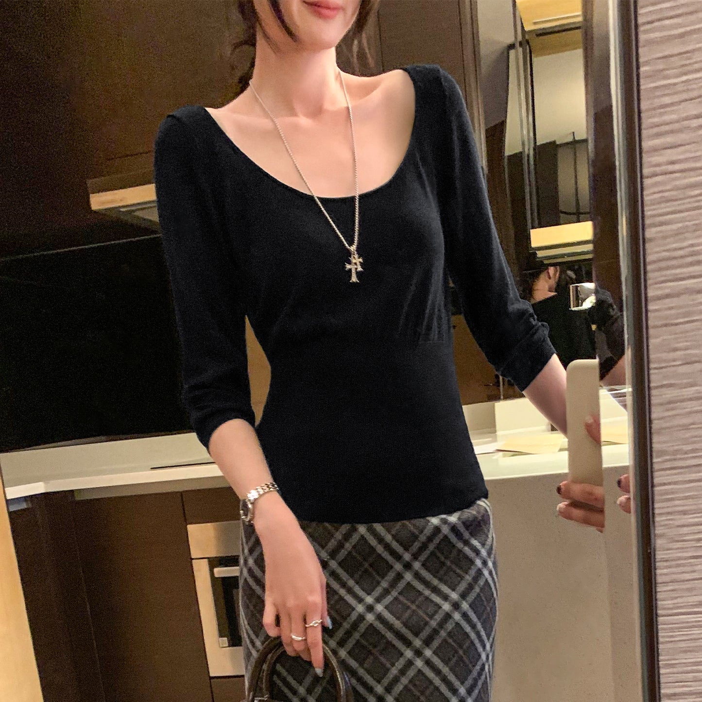 CGEM2036-45B 萊賽爾天絲收腰內搭打底衫五分袖針織衫(4色)