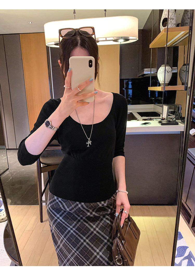 CGEM2036-45B 萊賽爾天絲收腰內搭打底衫五分袖針織衫(4色)