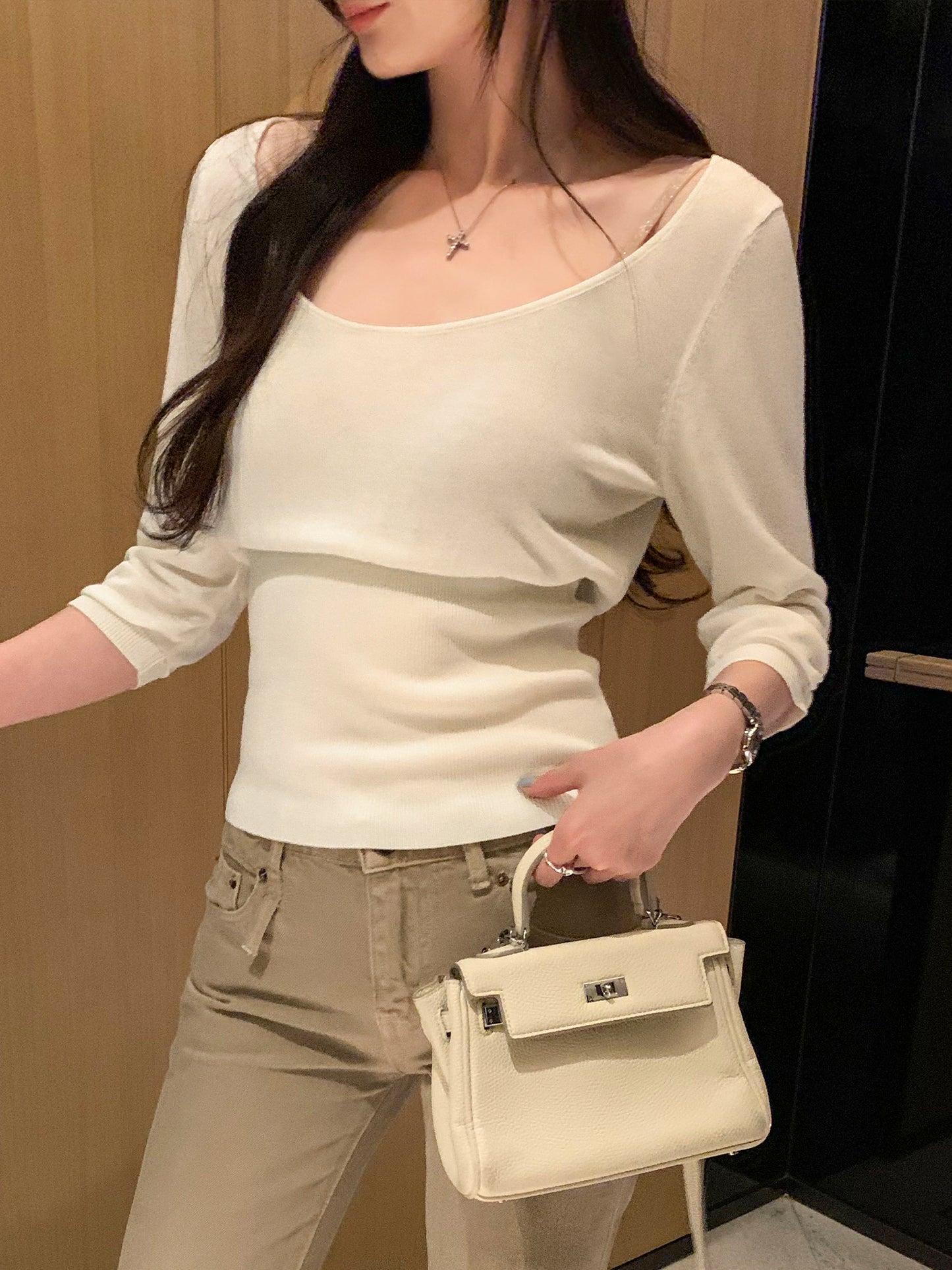 CGEM2036-45B 萊賽爾天絲收腰內搭打底衫五分袖針織衫(4色)