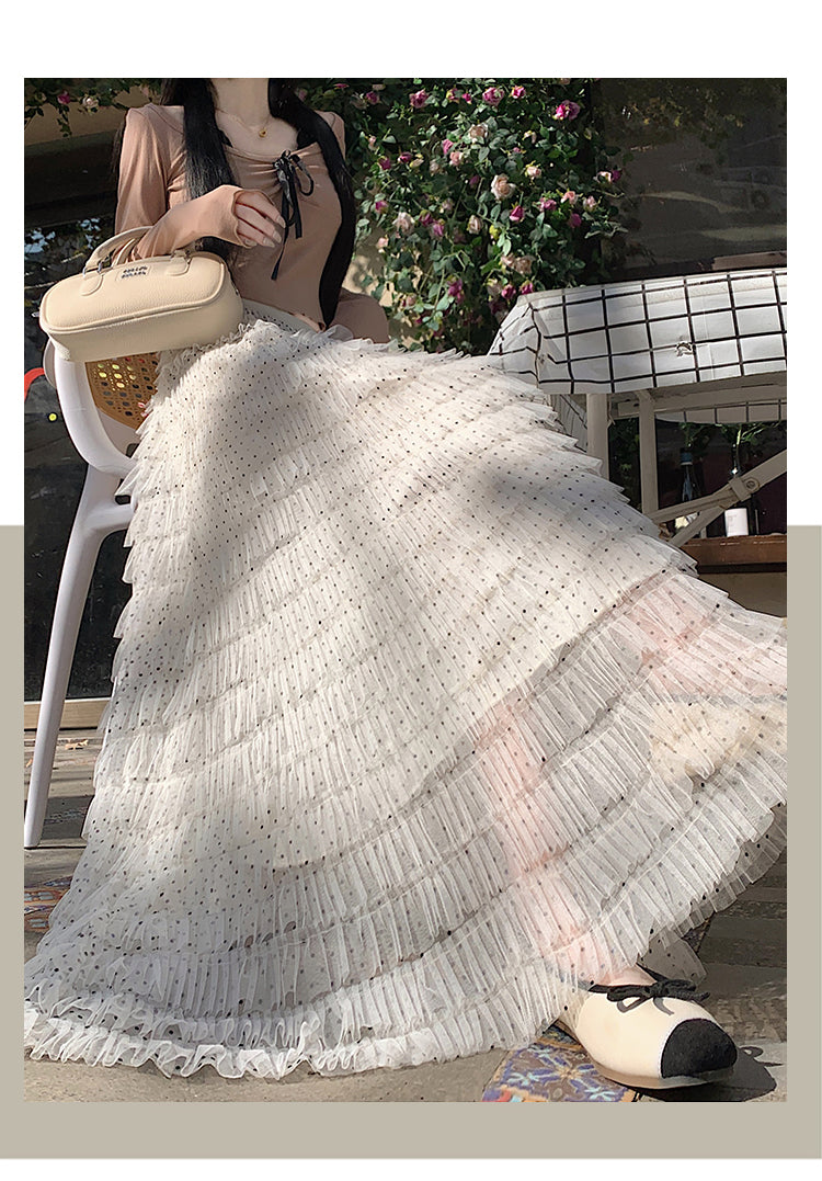 📺︎︎ CGS8624-36H 波點蕾絲網紗蛋糕裙半身裙(3色)