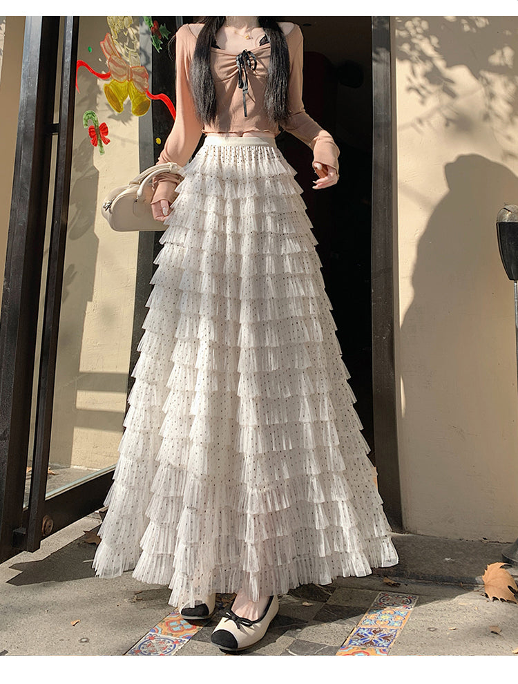 📺︎︎ CGS8624-36H 波點蕾絲網紗蛋糕裙半身裙(3色)