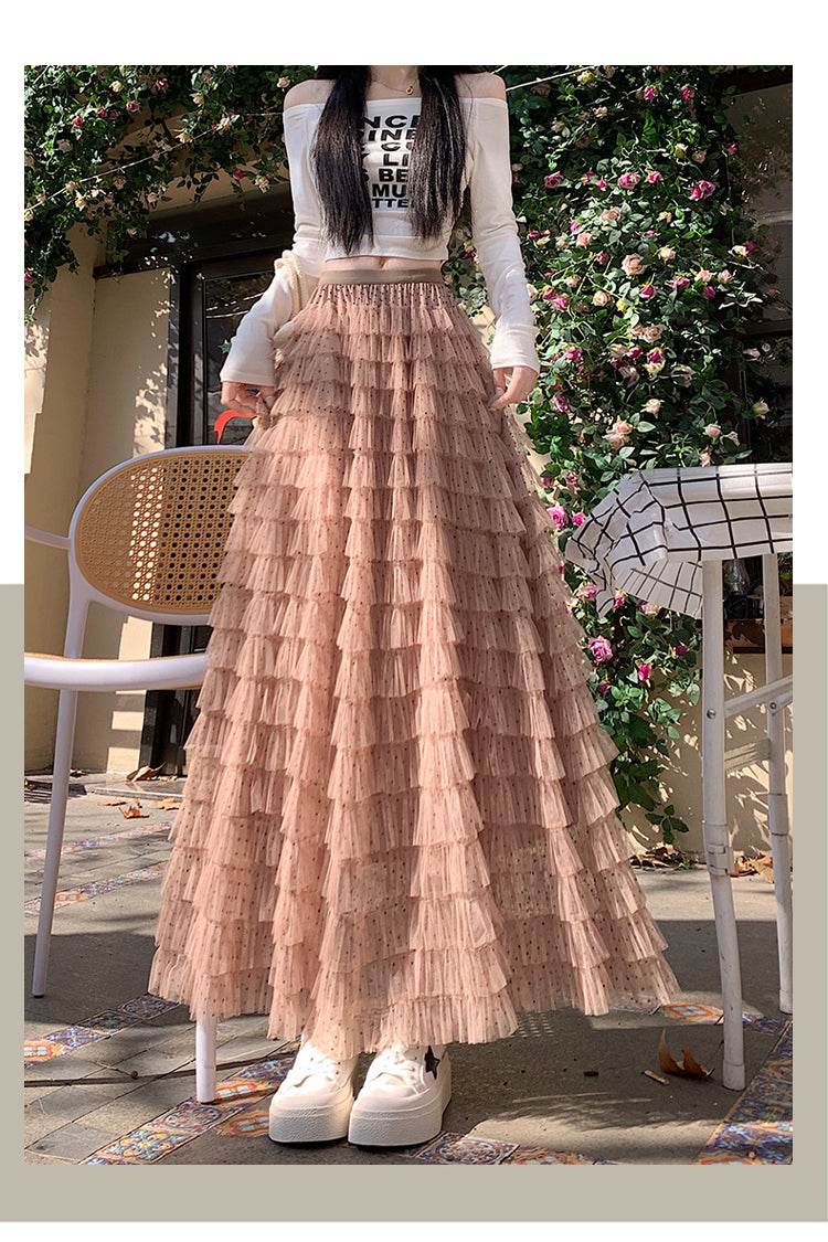 📺︎︎ CGS8624-36H 波點蕾絲網紗蛋糕裙半身裙(3色)