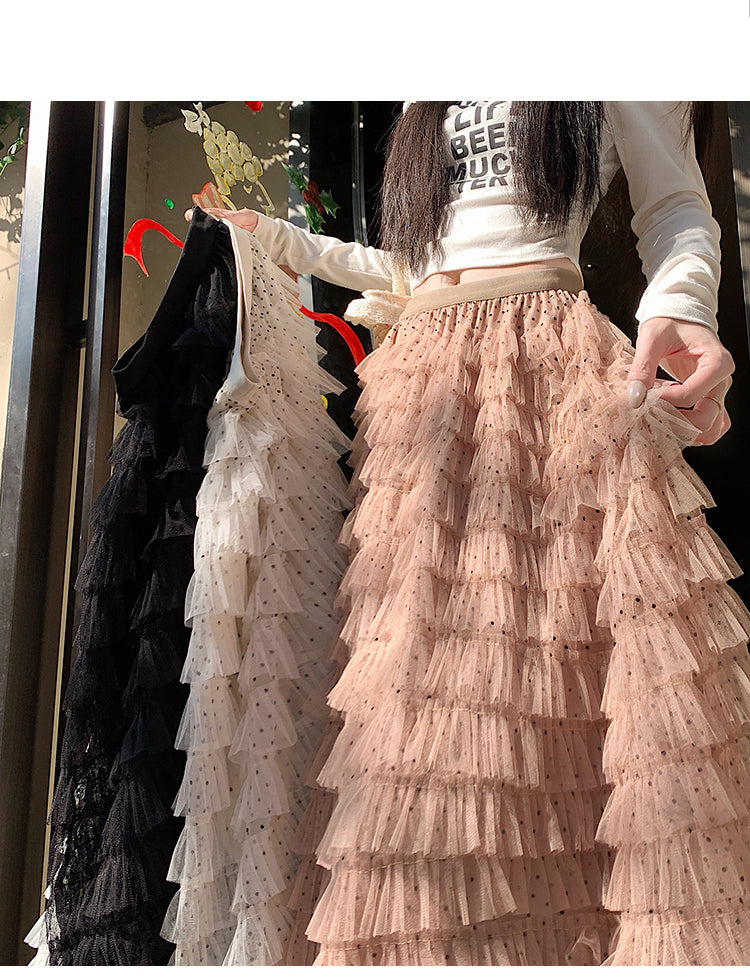 📺︎︎ CGS8624-36H 波點蕾絲網紗蛋糕裙半身裙(3色)