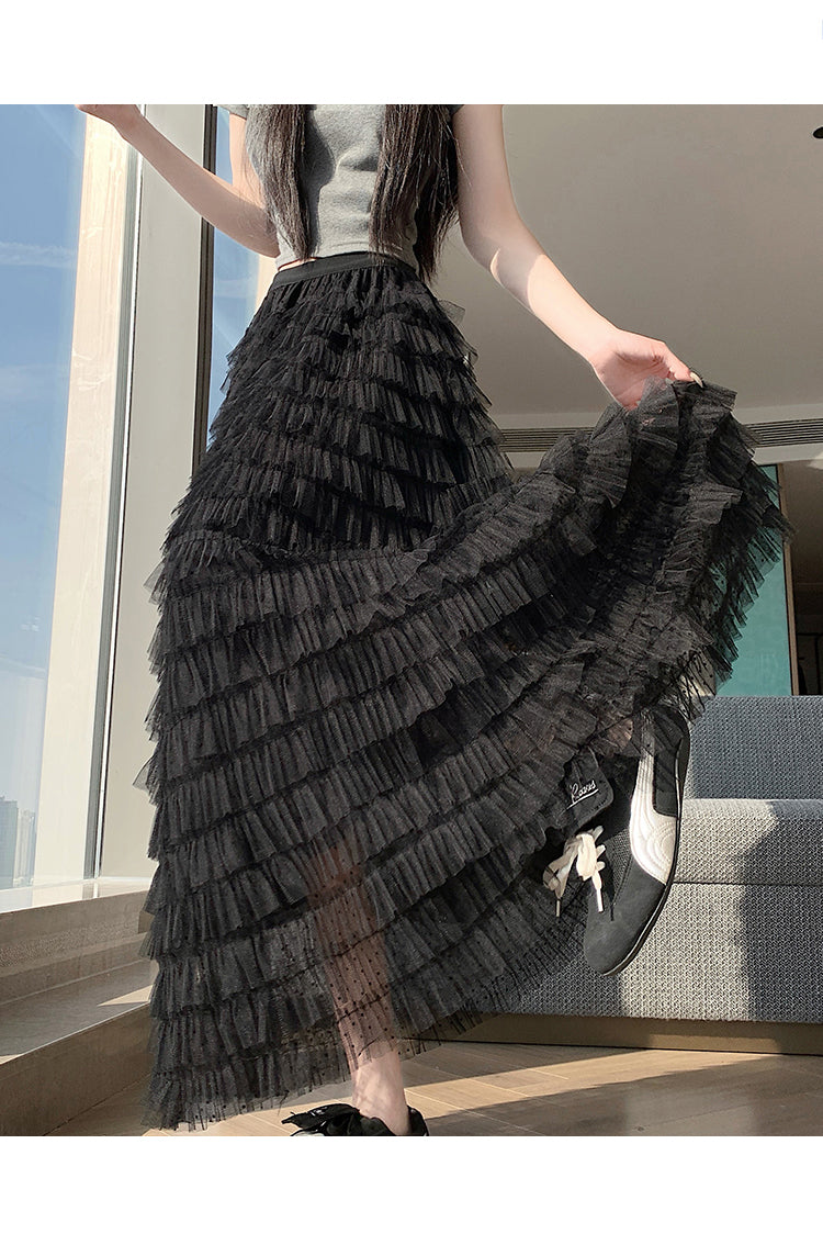 📺︎︎ CGS8624-36H 波點蕾絲網紗蛋糕裙半身裙(3色)