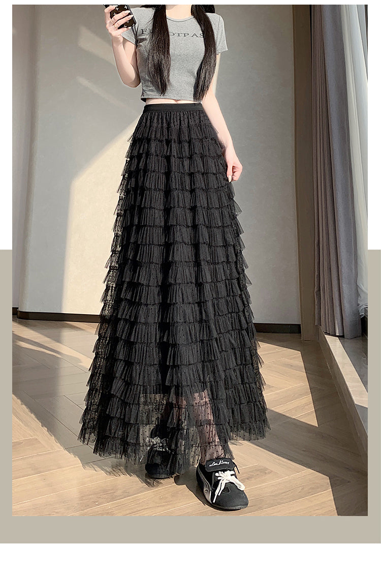 📺︎︎ CGS8624-36H 波點蕾絲網紗蛋糕裙半身裙(3色)