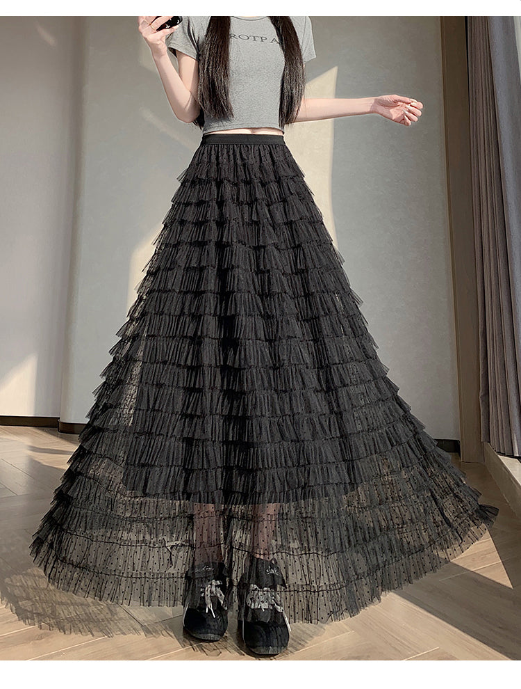 📺︎︎ CGS8624-36H 波點蕾絲網紗蛋糕裙半身裙(3色)