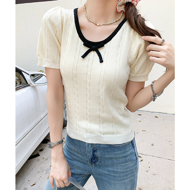 CGEZD118-42B 蝴蝶結V領撞色短袖針織衫(3色)