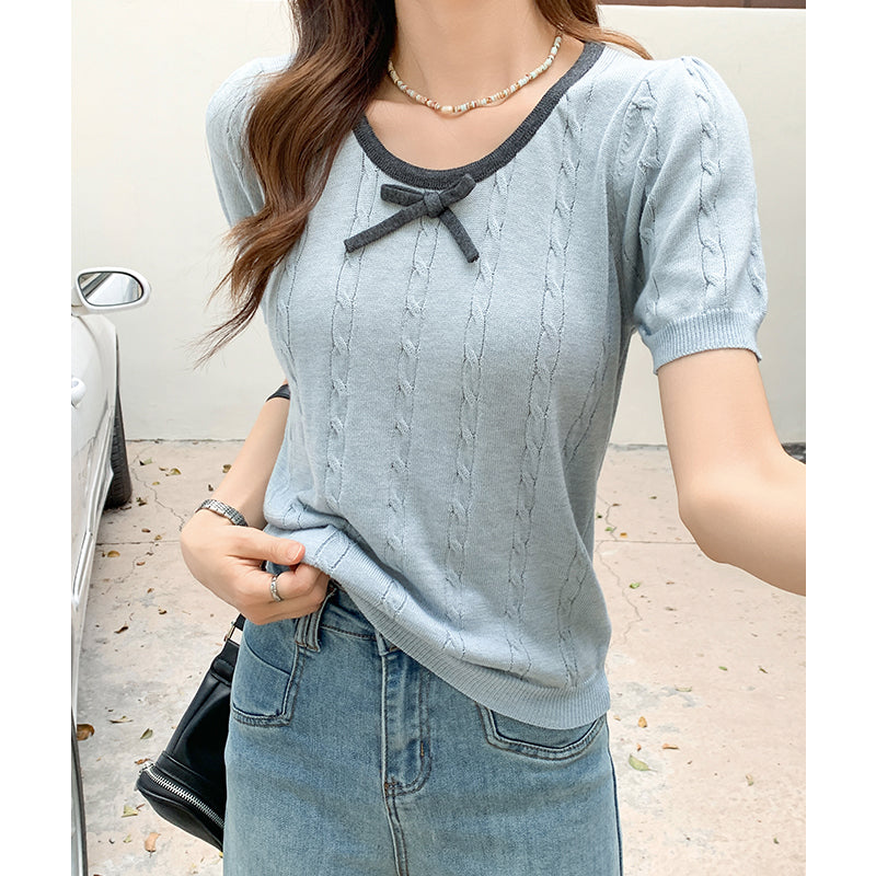 CGEZD118-42B 蝴蝶結V領撞色短袖針織衫(3色)