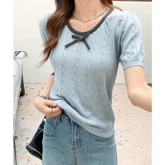 CGEZD118-42B 蝴蝶結V領撞色短袖針織衫(3色)