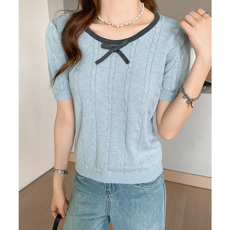 CGEZD118-42B 蝴蝶結V領撞色短袖針織衫(3色)