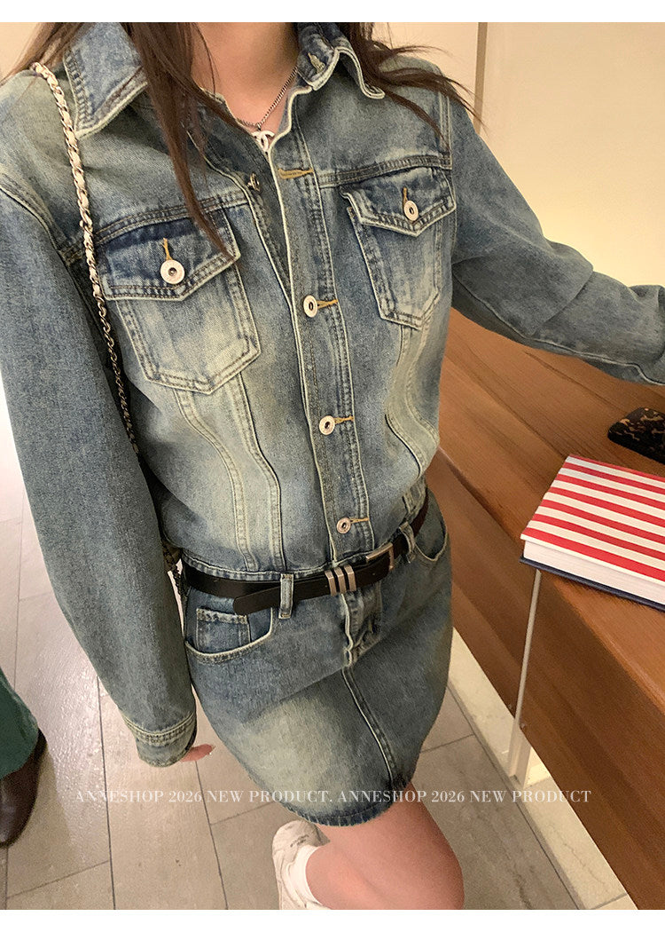 CGB8148A2-36H 翻领牛仔裙春秋纽扣设计感显瘦简约连衣裙