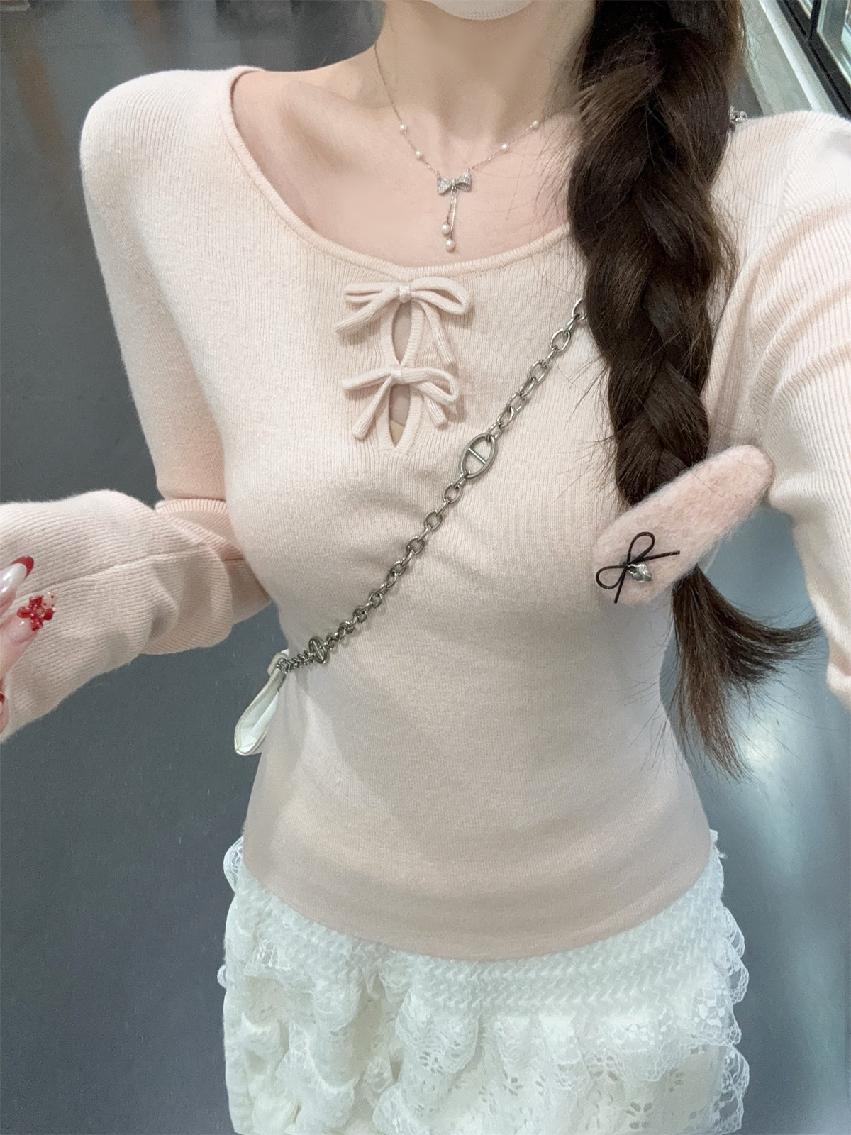 CGD28537-64B 春季圓領蝴蝶結鏤空設計安迪絨針織衫上衣(3色)