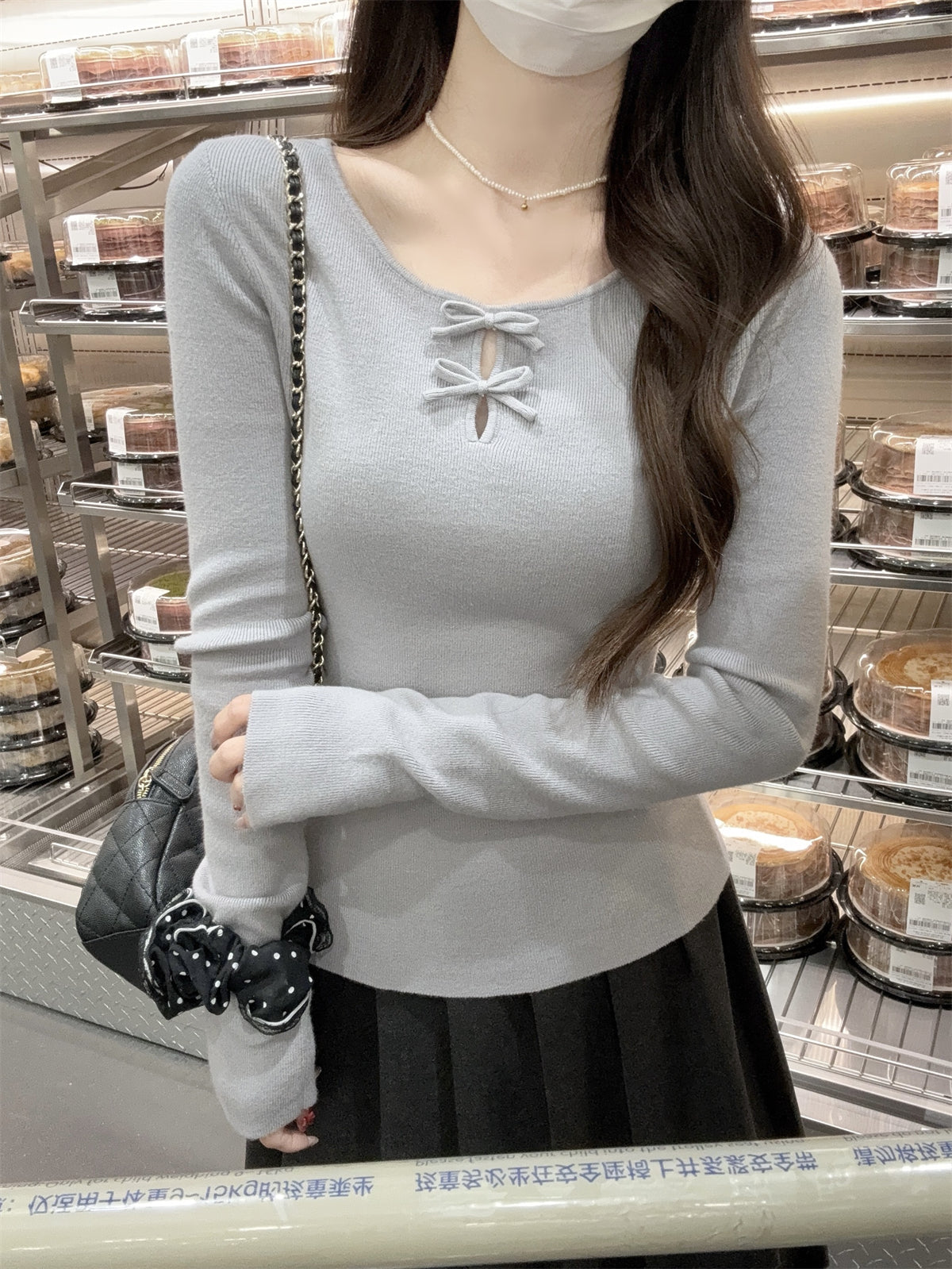 CGD28537-64B 春季圓領蝴蝶結鏤空設計安迪絨針織衫上衣(3色)