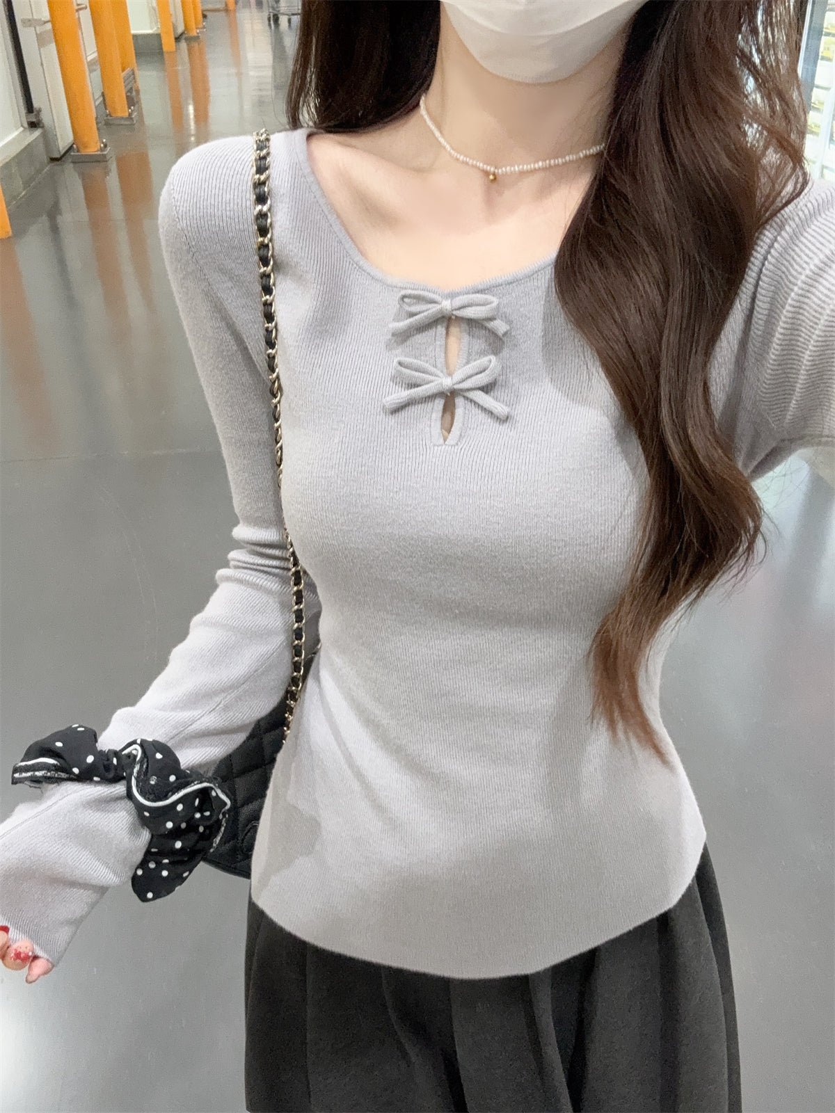 CGD28537-64B 春季圓領蝴蝶結鏤空設計安迪絨針織衫上衣(3色)