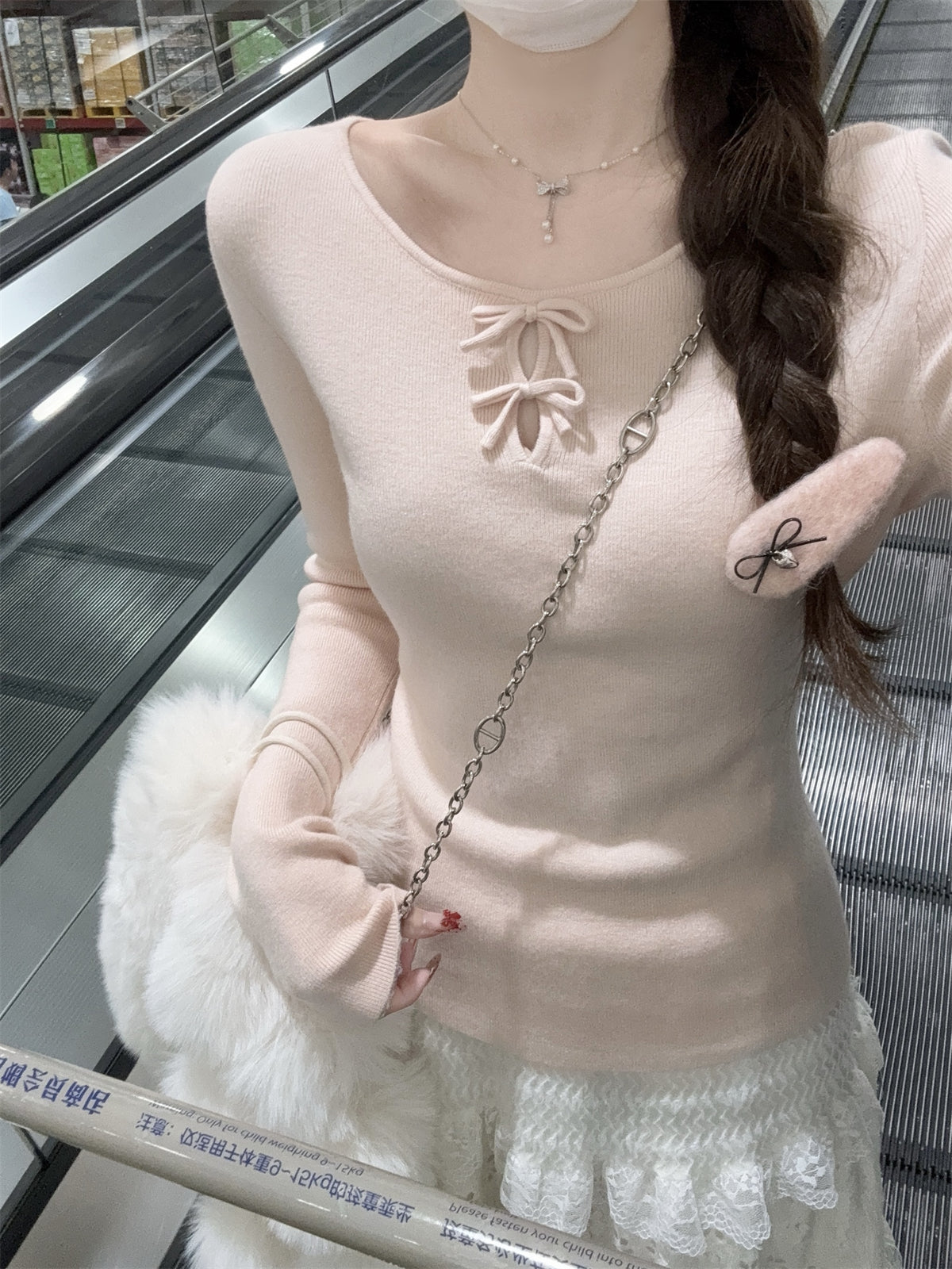 CGD28537-64B 春季圓領蝴蝶結鏤空設計安迪絨針織衫上衣(3色)