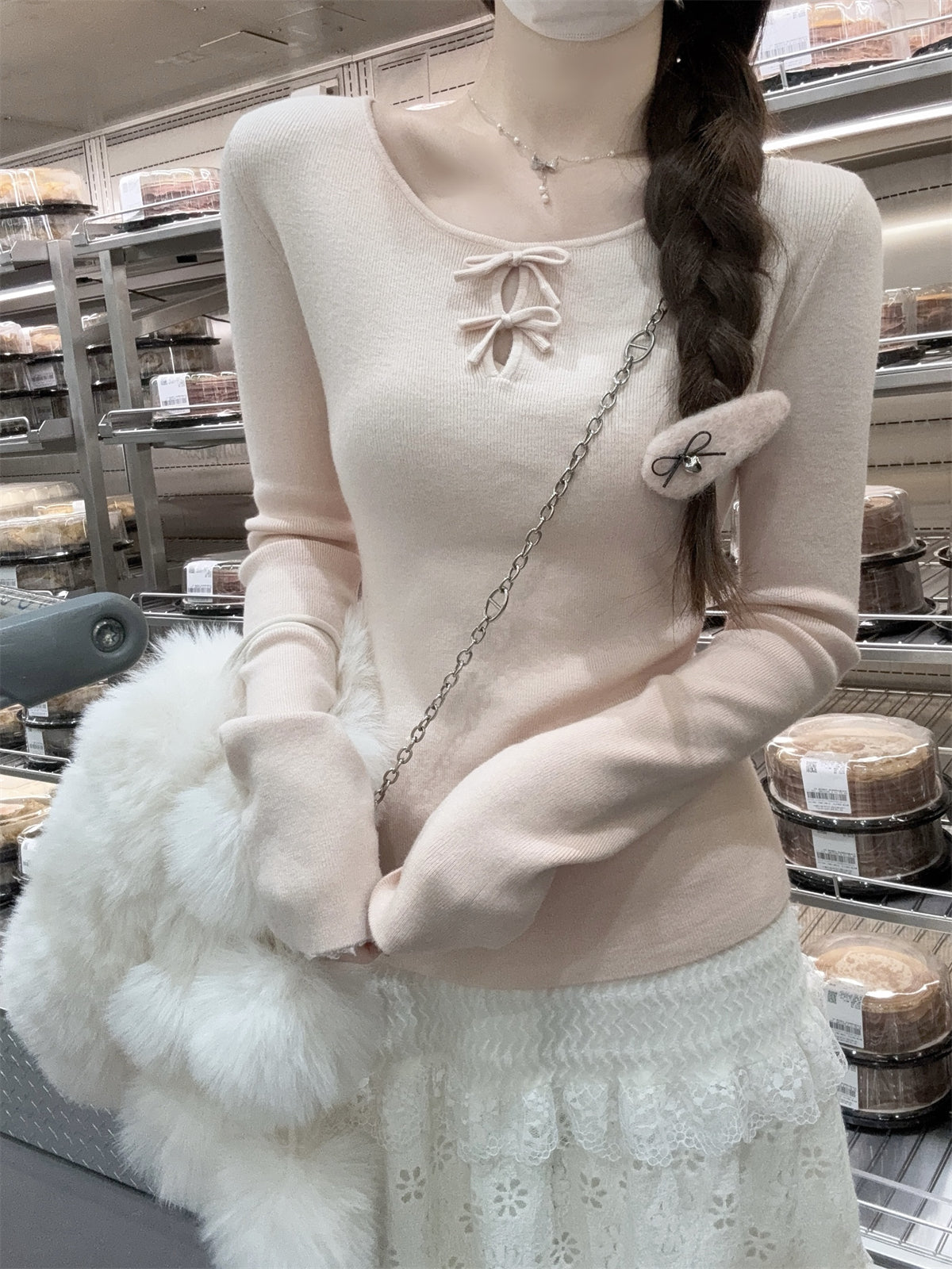 CGD28537-64B 春季圓領蝴蝶結鏤空設計安迪絨針織衫上衣(3色)