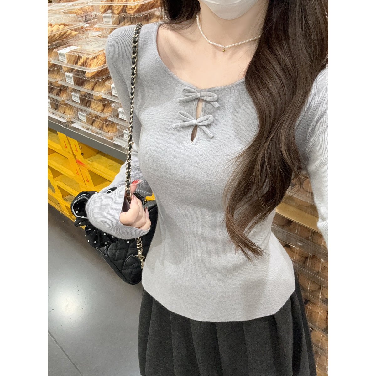 CGD28537-64B 春季圓領蝴蝶結鏤空設計安迪絨針織衫上衣(3色)