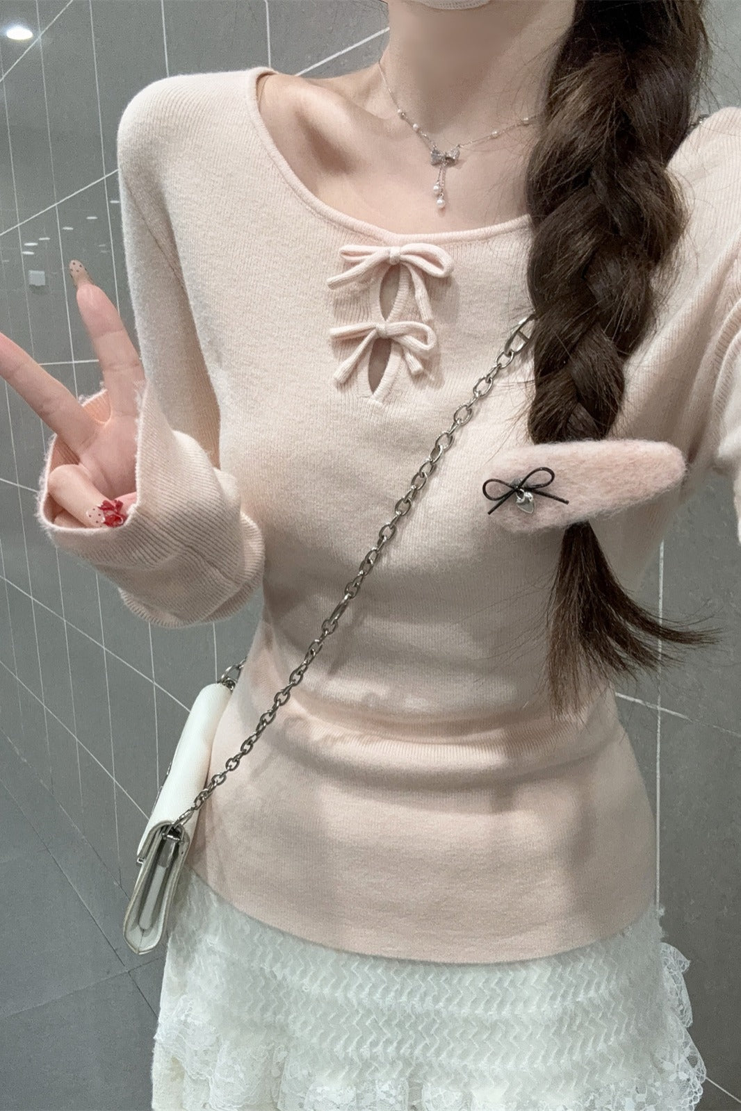 CGD28537-64B 春季圓領蝴蝶結鏤空設計安迪絨針織衫上衣(3色)