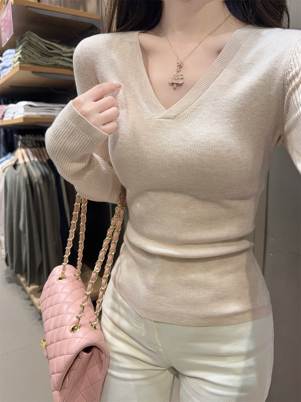 CGD28199-56B 春季V領百搭軟糯長袖針織衫(3色)