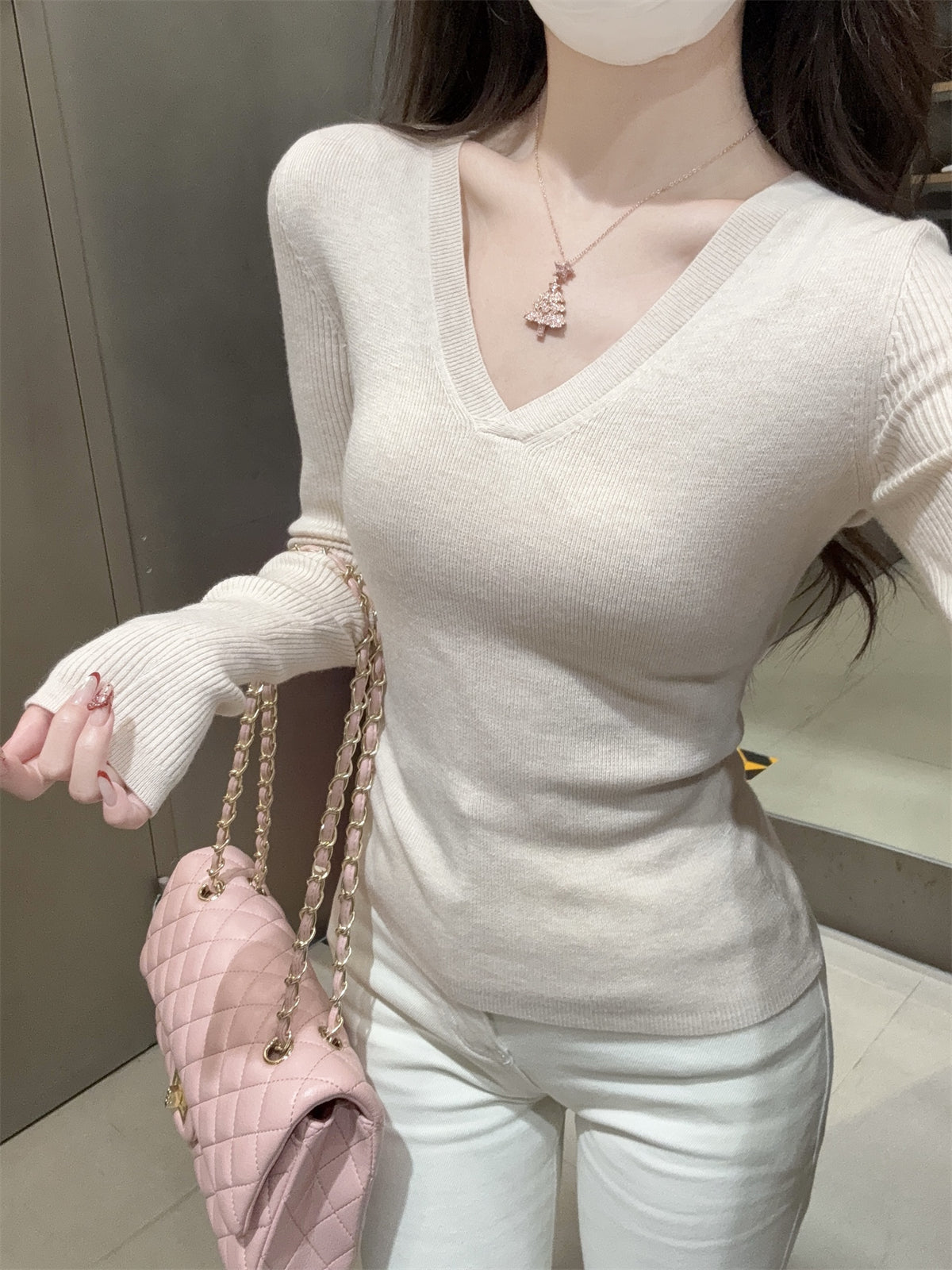 CGD28199-56B 春季V領百搭軟糯長袖針織衫(3色)