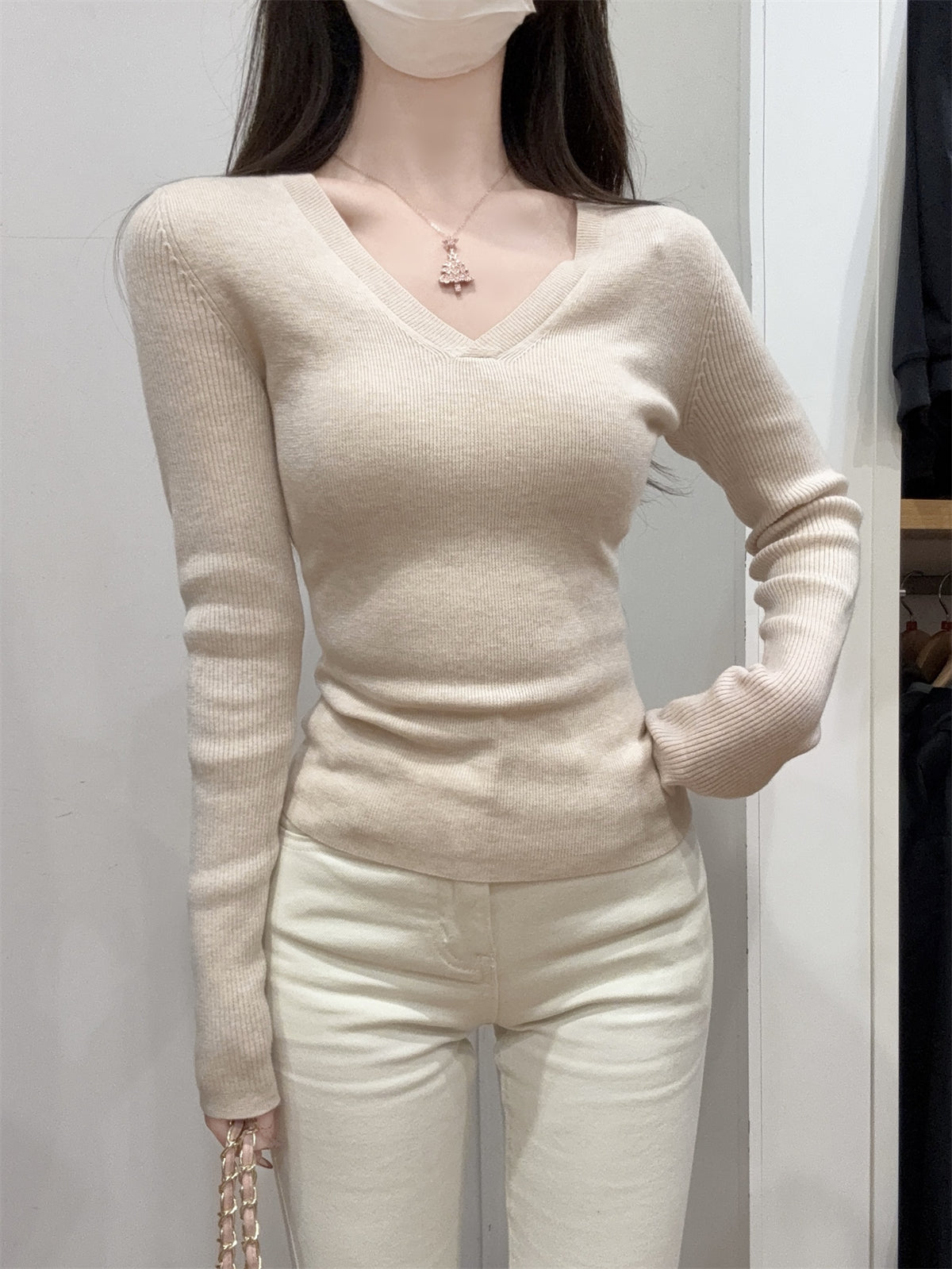 CGD28199-56B 春季V領百搭軟糯長袖針織衫(3色)