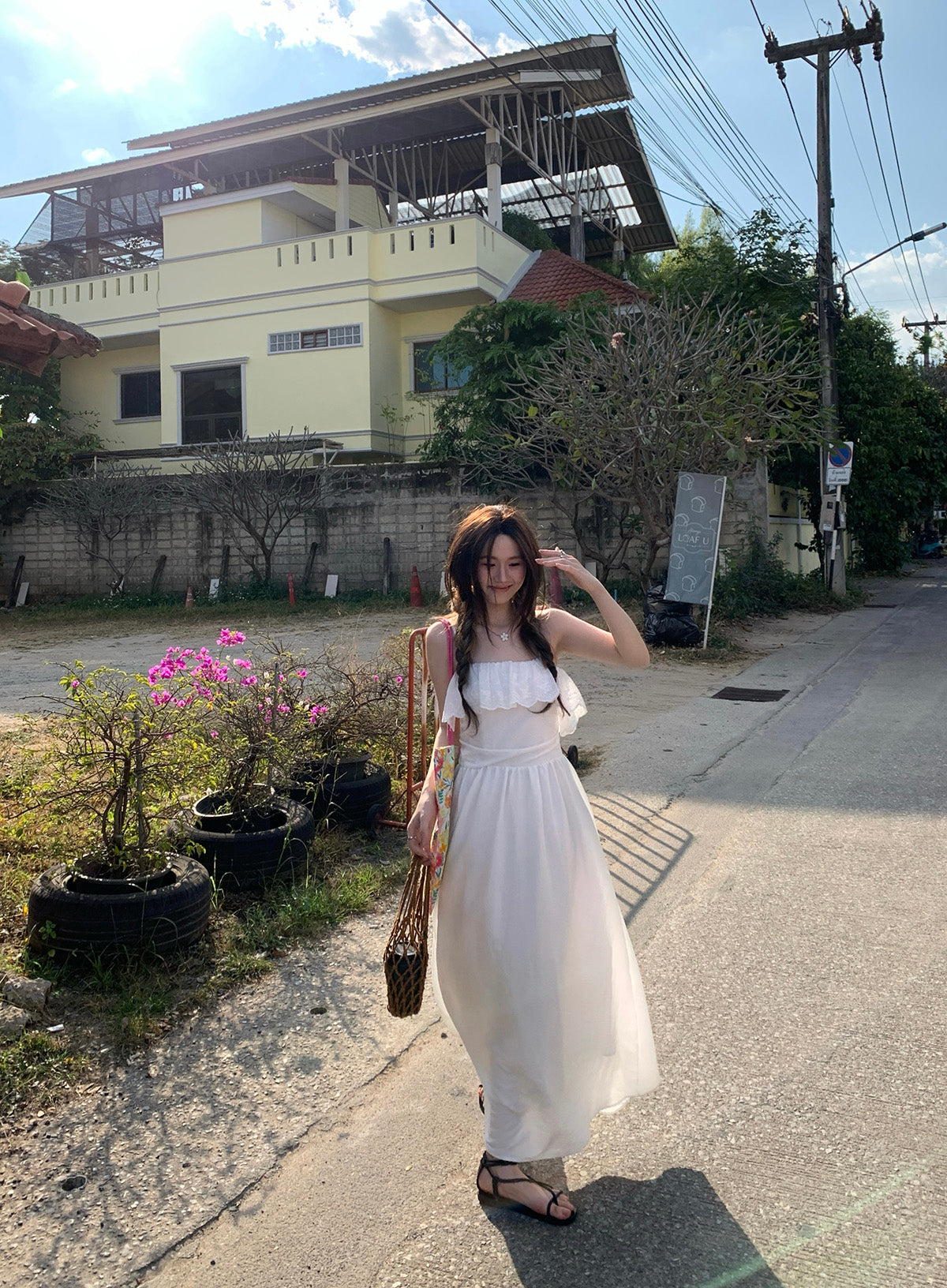 CGB6009-107B 荷葉拼接設計吊帶連衣裙