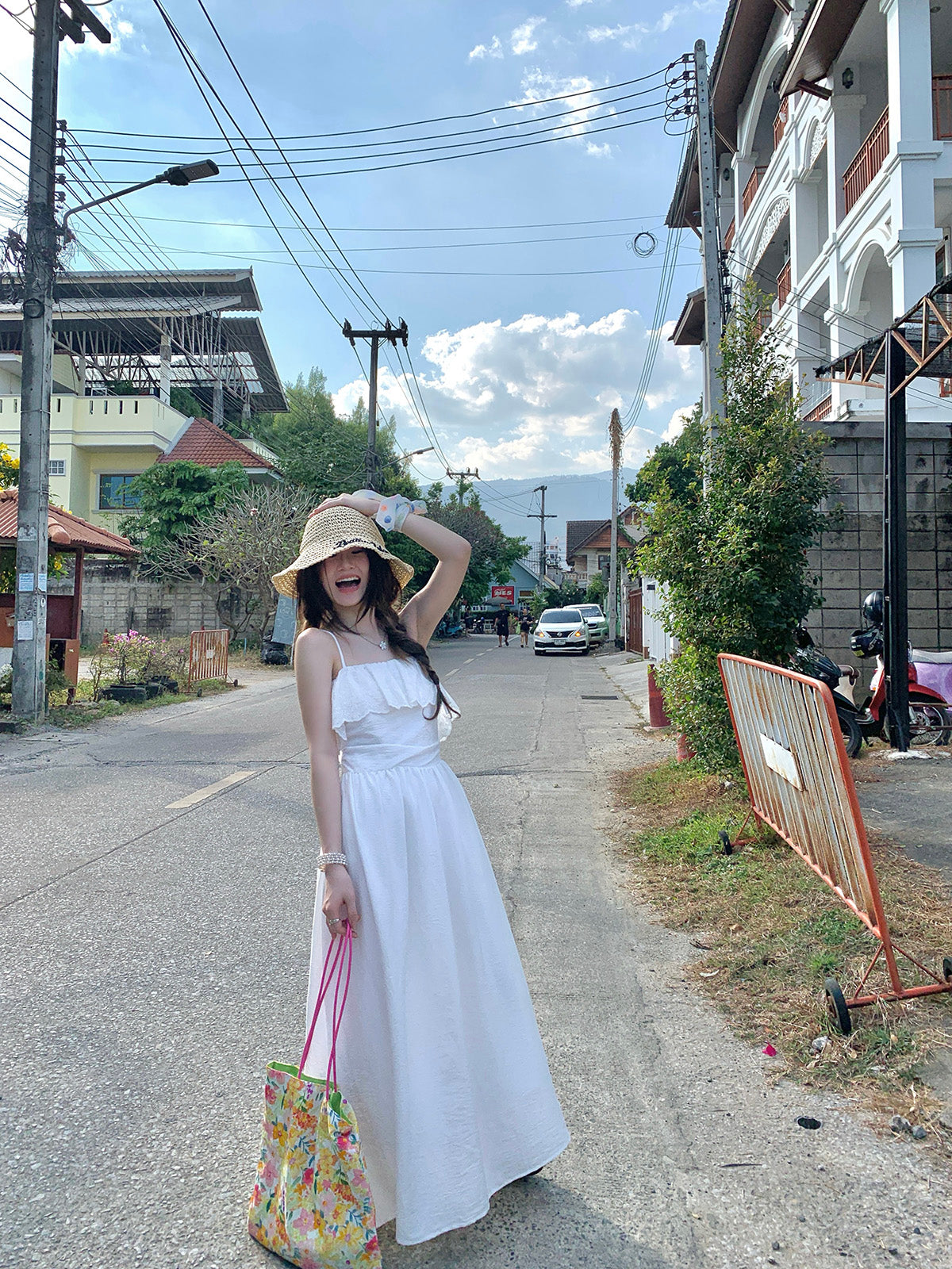 CGB6009-107B 荷葉拼接設計吊帶連衣裙