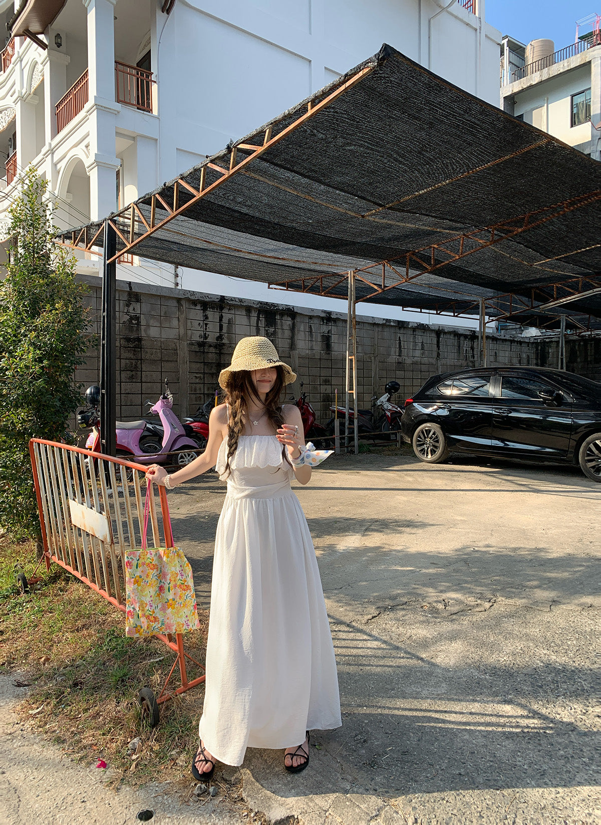 CGB6009-107B 荷葉拼接設計吊帶連衣裙