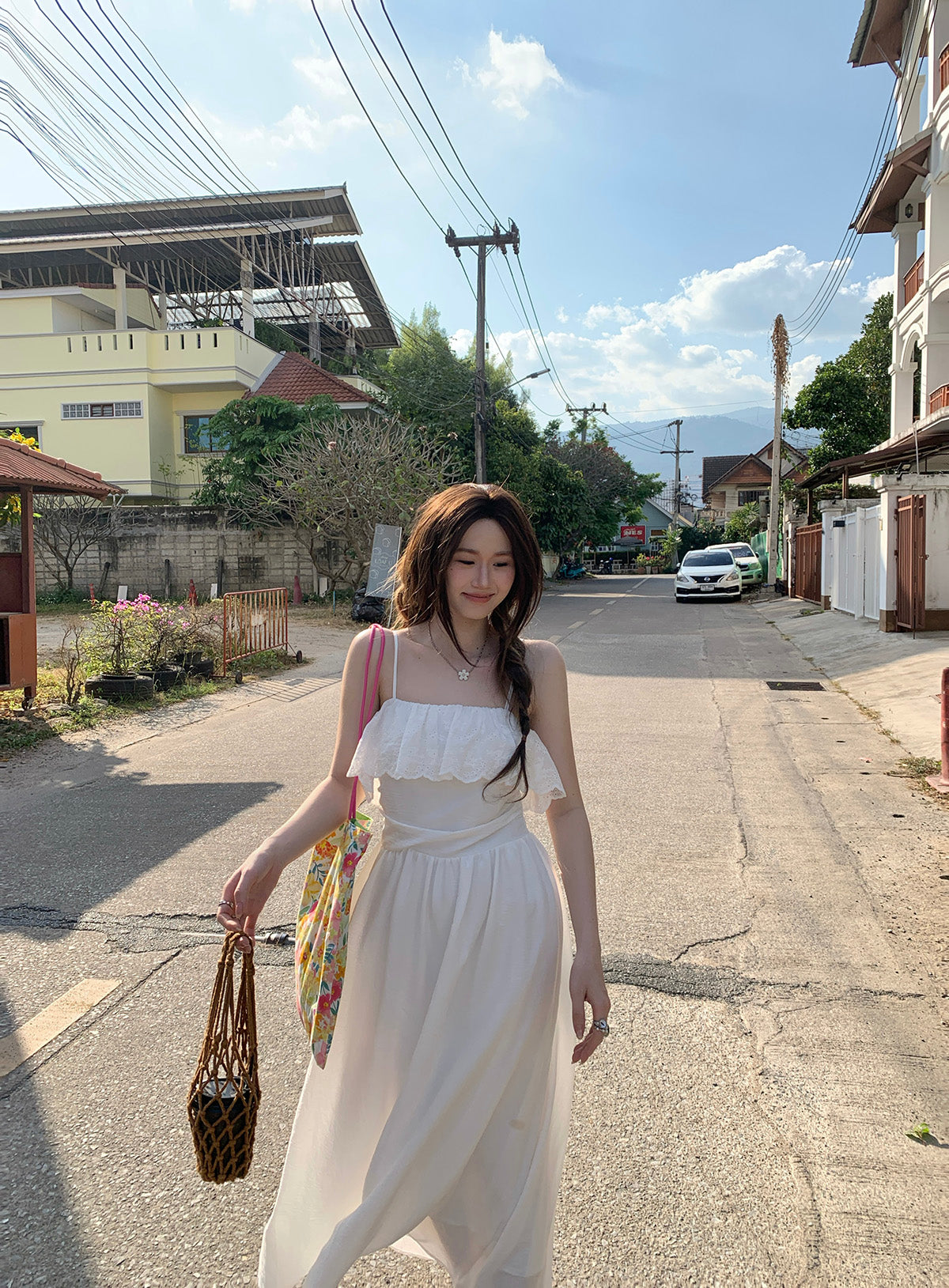 CGB6009-107B 荷葉拼接設計吊帶連衣裙