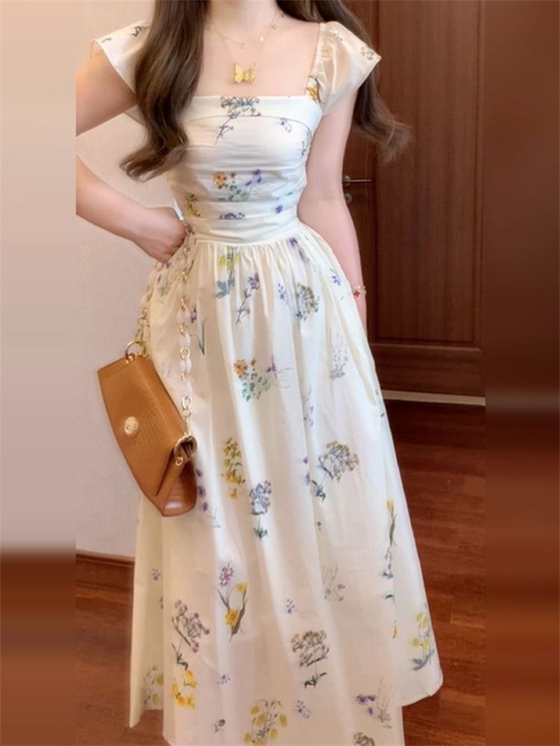 CGBSH 943-137B 方領小飛袖碎花夏季收腰露背A字連衣裙